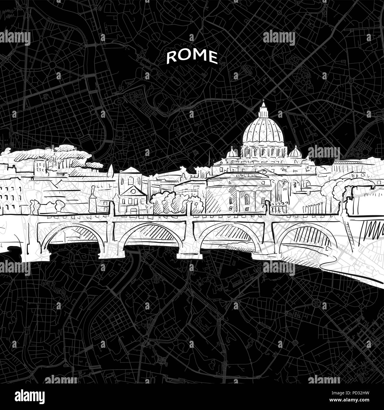Vector drawing of Rome skyline with map. Italy travel landmark. Black and white cover and background concept. Stock Vector