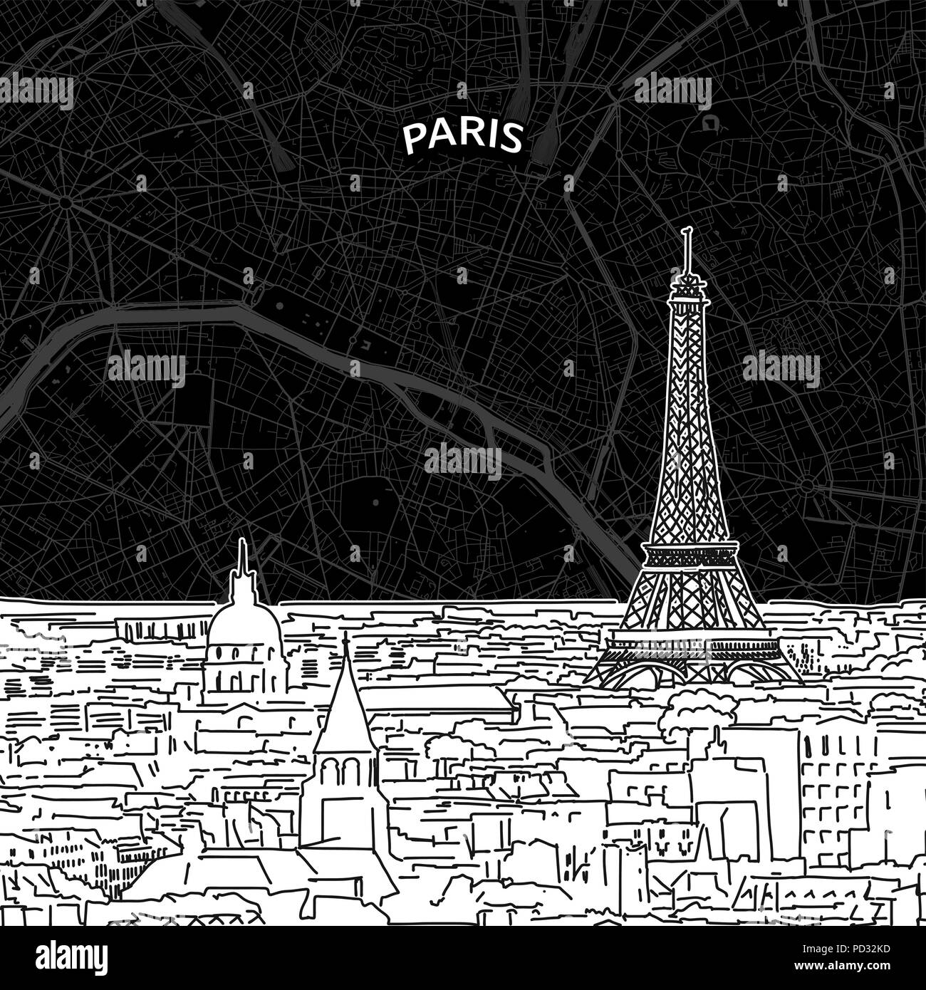 Vector drawing of Paris skyline with map. France travel landmark. Black and white cover and background concept. Stock Vector