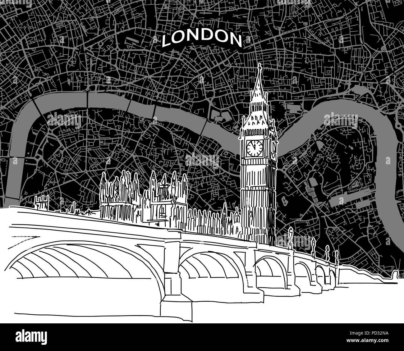 Vector drawing of London skyline with map. United Kingdom travel landmark. Black and white cover and background concept. Stock Vector