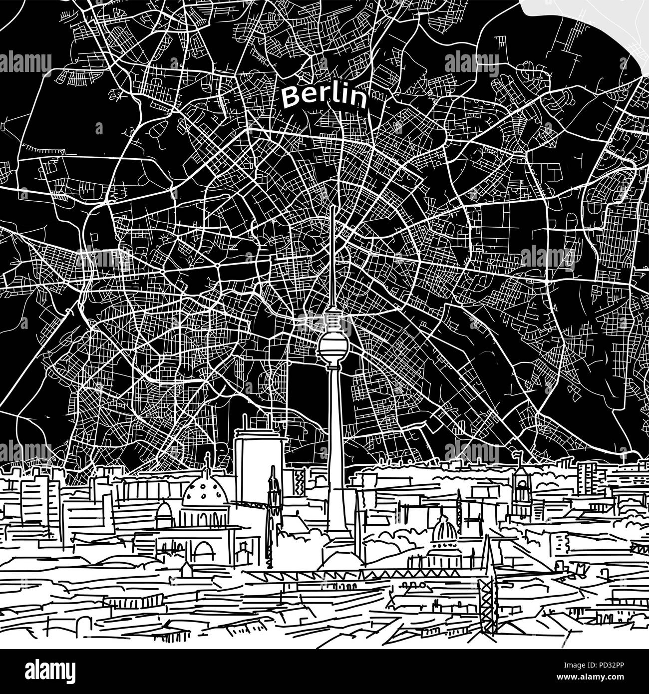 Vector drawing of Berlin skyline with map. Germany travel landmark. Black and white cover and background concept. Stock Vector