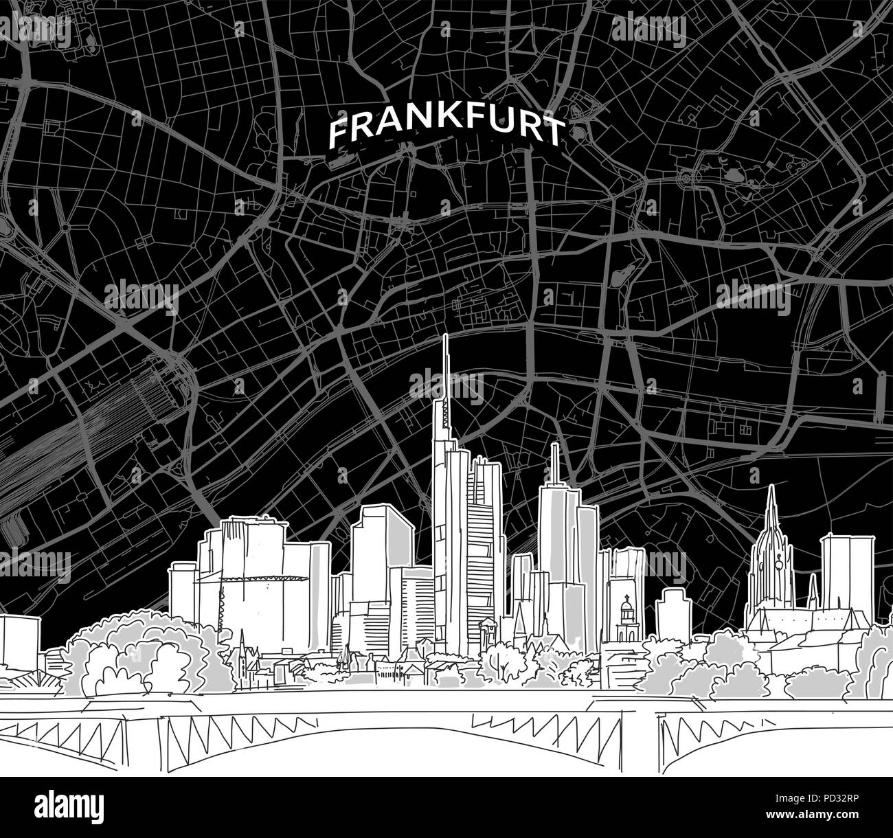 Vector drawing of Frankfurt skyline with map Germany. Black and white illustration concept. Stock Vector