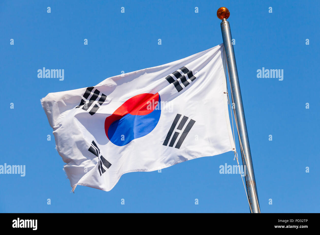 South Korea flag, also known as the Taegukgi waving on a flagpole Stock Photo