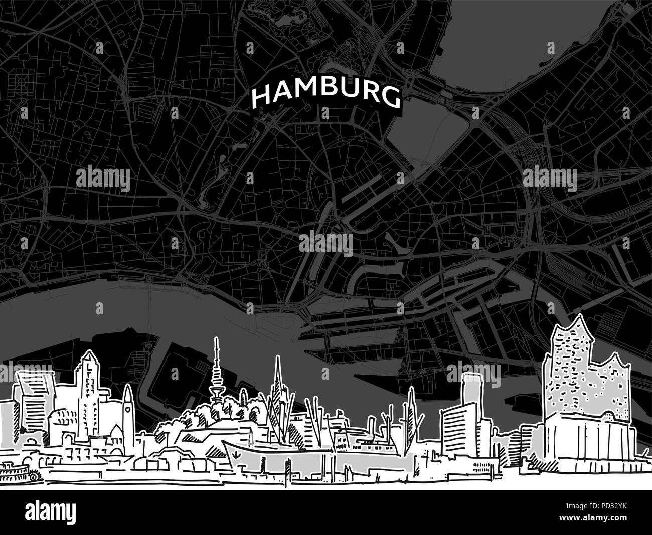 Hand drawn sketch of Hamburg food. Vector drawing of skyline with map, Germany. Black and white illustration concept. Stock Vector