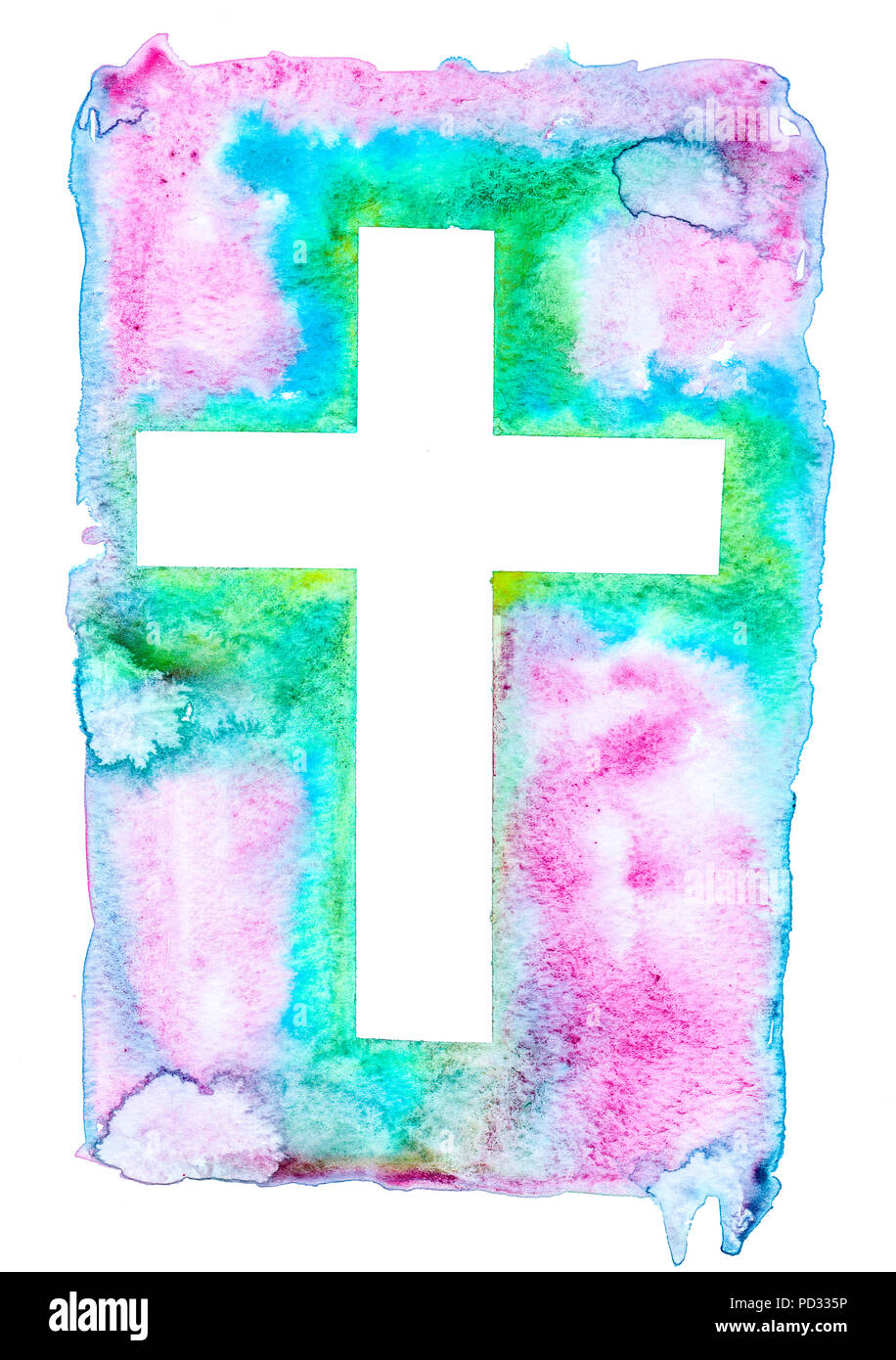 The colorful watercolor illustration of a white cross on blue, turquoise,  background and isolated on white background. Holy Rood Stock Photo