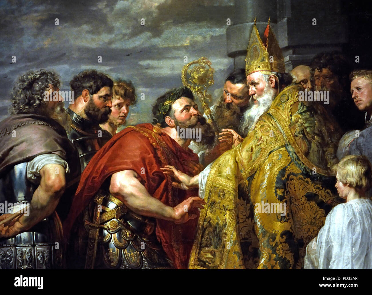 St Ambrose and Emperor Theodosius  by Peter Paul Rubens (1577–1640) Flemish Belgian Belgium ( It shows the Roman emperor Theodosius I and his entourage being barred from Milan Cathedral by its archbishop saint Ambrose, as punishment for the Massacre of Thessalonica. ) Stock Photo