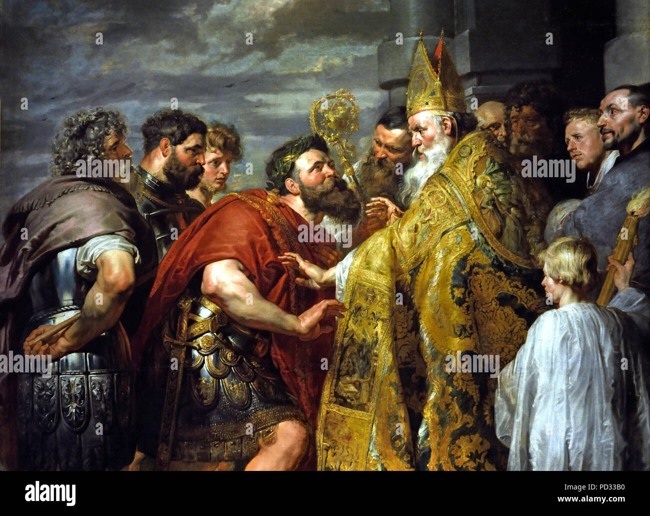 St Ambrose and Emperor Theodosius  by Peter Paul Rubens (1577–1640) Flemish Belgian Belgium ( It shows the Roman emperor Theodosius I and his entourage being barred from Milan Cathedral by its archbishop saint Ambrose, as punishment for the Massacre of Thessalonica. ) Stock Photo