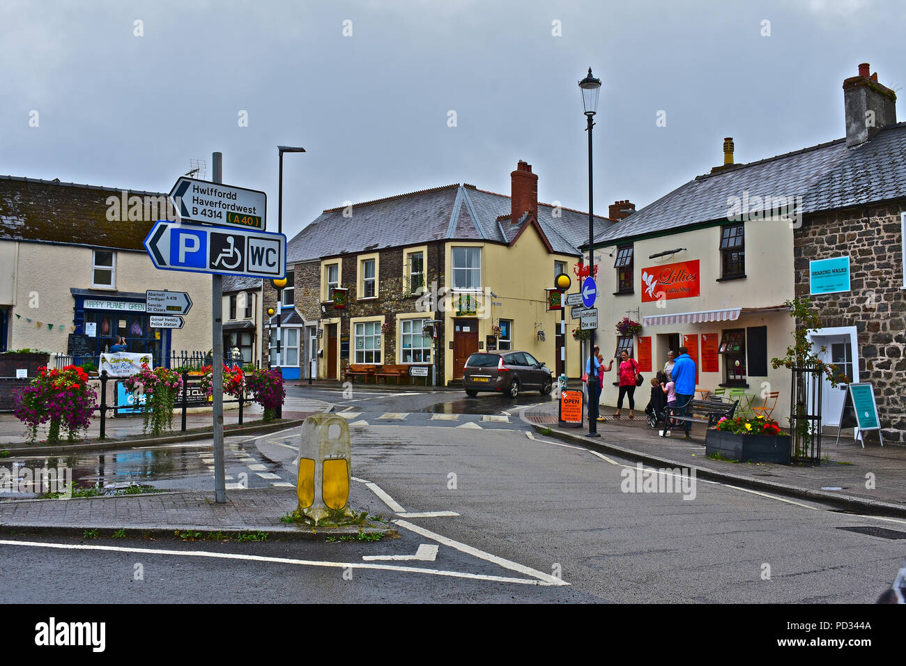 Crossroads at the top of the busy High Street in the rural town of