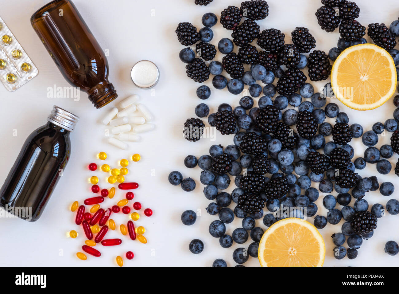 Vitamins and supplements from blueberries and lemon. Pharmaceutical