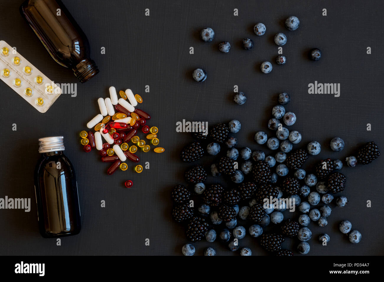 Vitamins and supplements from blueberries. Pharmaceutical care healthy vision. Biologically