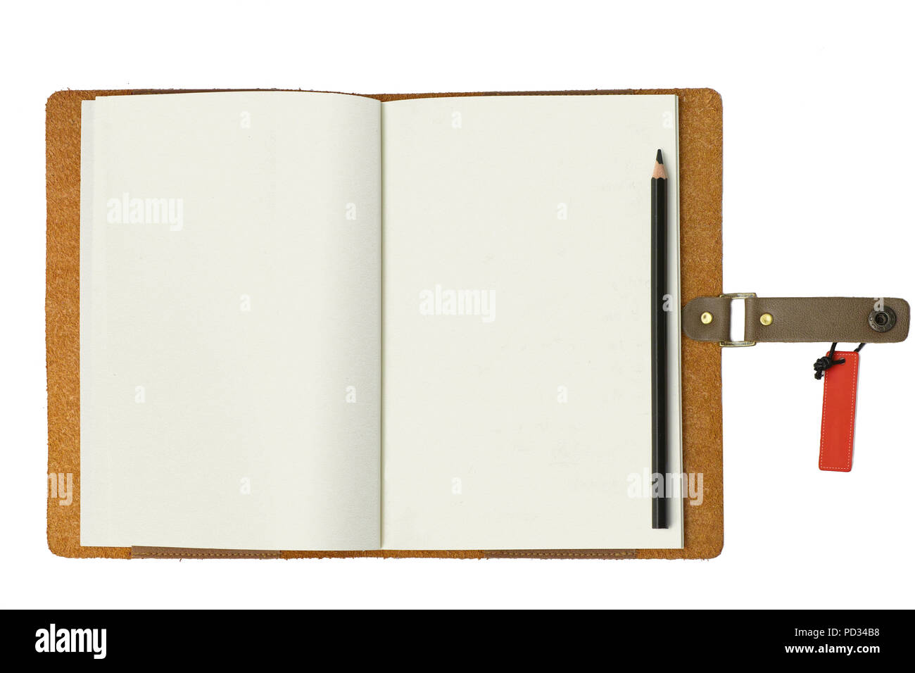 Blank open notebook with pencil and tag on white background Stock Photo