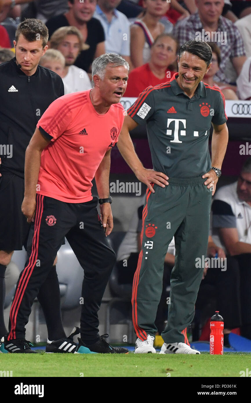 Munich, Deutschland. 05th Aug, 2018. v.re:Niko KOVAC (coach Bayern Munich)  with Jose MOURINHO, coach (Manchester United). Test match FC Bayern Munich-Manchester  United 1-0, Football 1. Bundesliga, Season 2018/2019, on 08/05/2018 in  Munich,