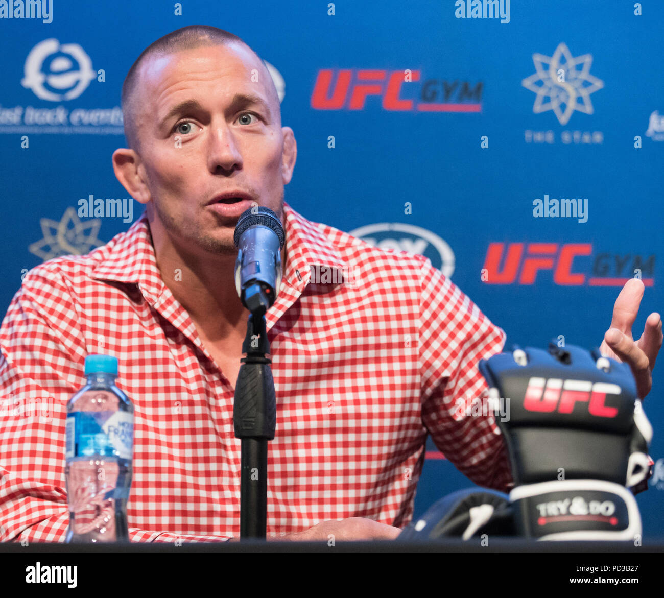 Sydney, Australia. 6th Aug, 2018. Ultimate Fighting Championship(UFC) player George St-Pierre attends a press conference in Sydney, Australia, on Aug. 6, 2018. St-Pierre will give three speeches in Sydney, Melbourne and Brisbane this week to share the lessons he learned in mixed matrial arts. Credit: Zhu Hongye/Xinhua/Alamy Live News Stock Photo