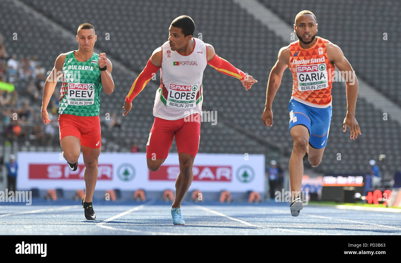 Berlin, Germany. 06 August 2018, Germany, Berlin, Athletics, 100m, European Championship at the Olympic Staidum: Petar Peev from Bulgaria, Jose Lopes from Portugal and Christopher Garia from the Netherlands in action. Photo: Sven Hoppe/dpa Credit: dpa picture alliance/Alamy Live News Stock Photo