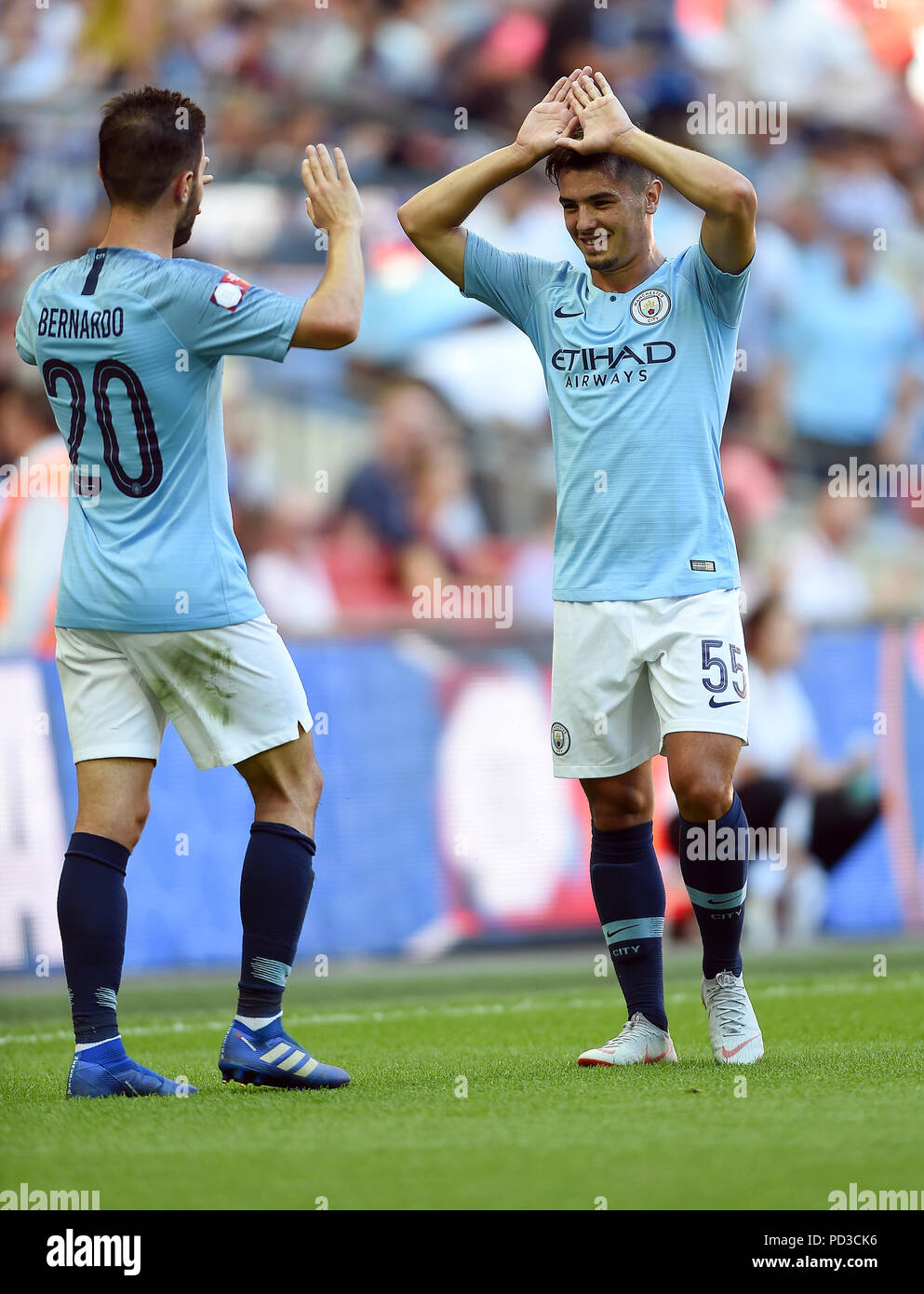 Brahim Diaz of Manchester City celebrates with team mate ...