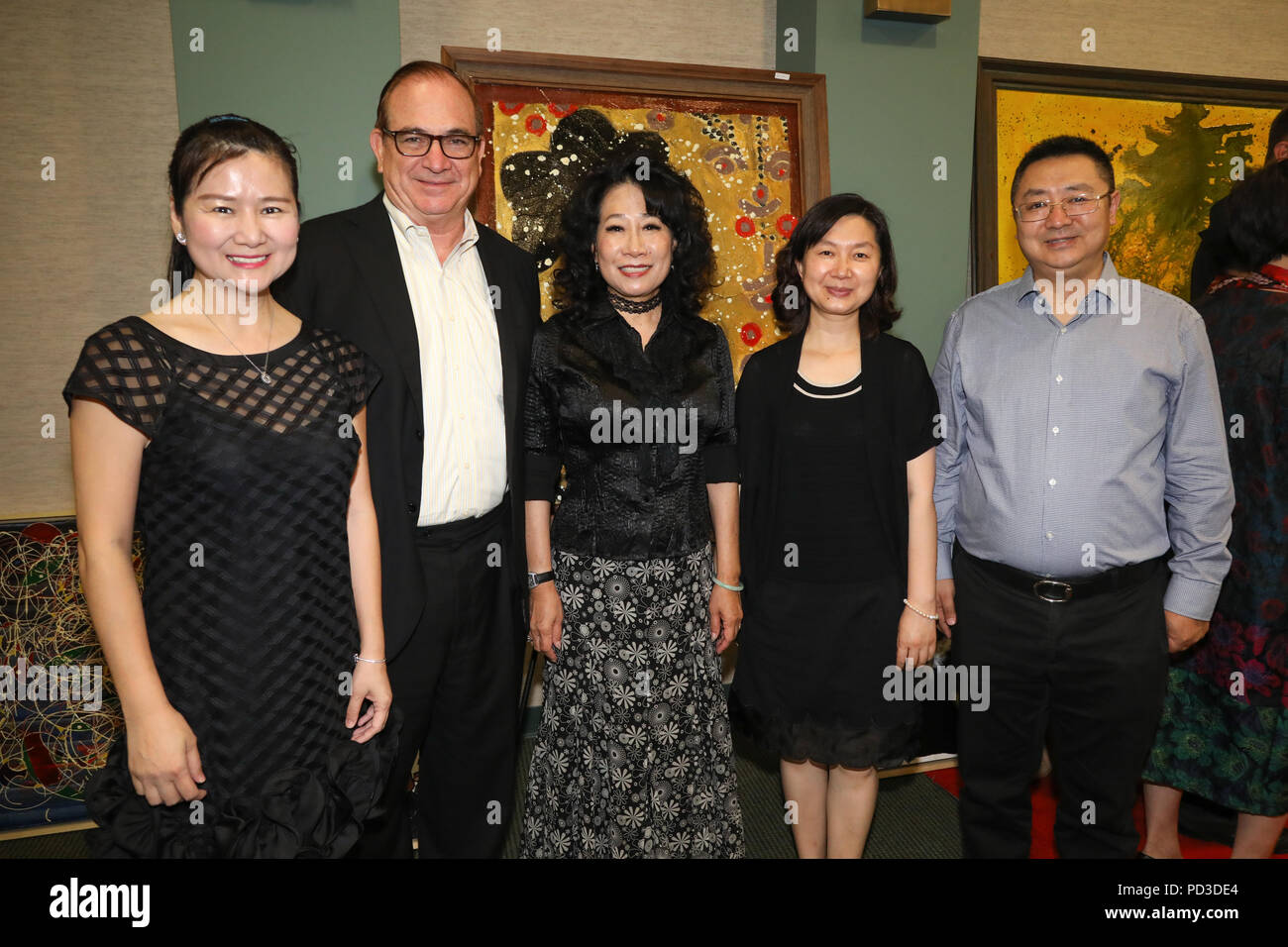 Beverly Hills, California, USA. 5th August, 2018. Cathy Cheng, Bob Huff, Mei Mei Huff, and guests attending the Pengfei He 'Creative Imagination' Art Exhibition at Beverly Hills Library in Beverly Hills, California. Credit: Sheri Determan/Alamy Live News Stock Photo