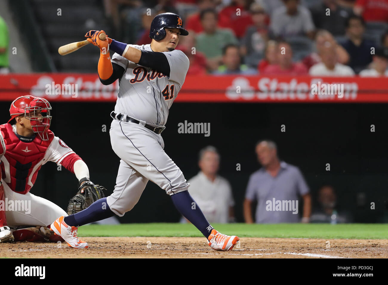 Los Angeles, USA. August 6, 2018: Detroit Tigers designated hitter Victor Martinez (41) eyes a grounder down the line that went just foul in the game between the Detroit Tigers and Los Angeles Angels of Anaheim, Angel Stadium in Anaheim, CA, Photographer: Peter Joneleit Credit: Cal Sport Media/Alamy Live News Stock Photo