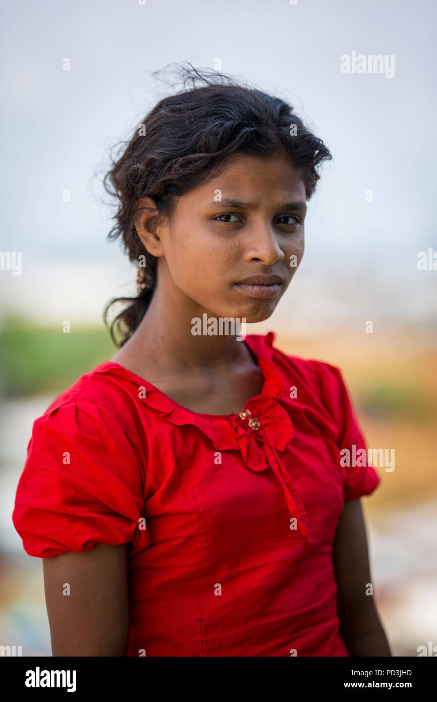 COX'S BAZAR, BANGLADESH - AUGUST 04 : Portrait of a rohingya girl inside refugee camp in Cox's Bazar , Bangladesh on August 04, 2018. Stock Photo