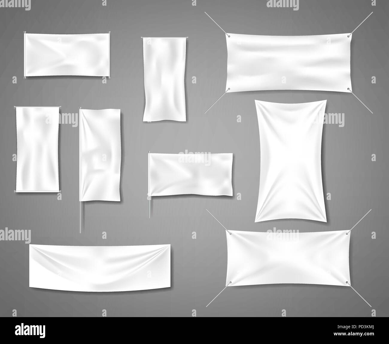 White fabric blank textile banners for advertising with folds. Cotton empty smooth flag poster or placard templates set. Vector illustration Stock Vector