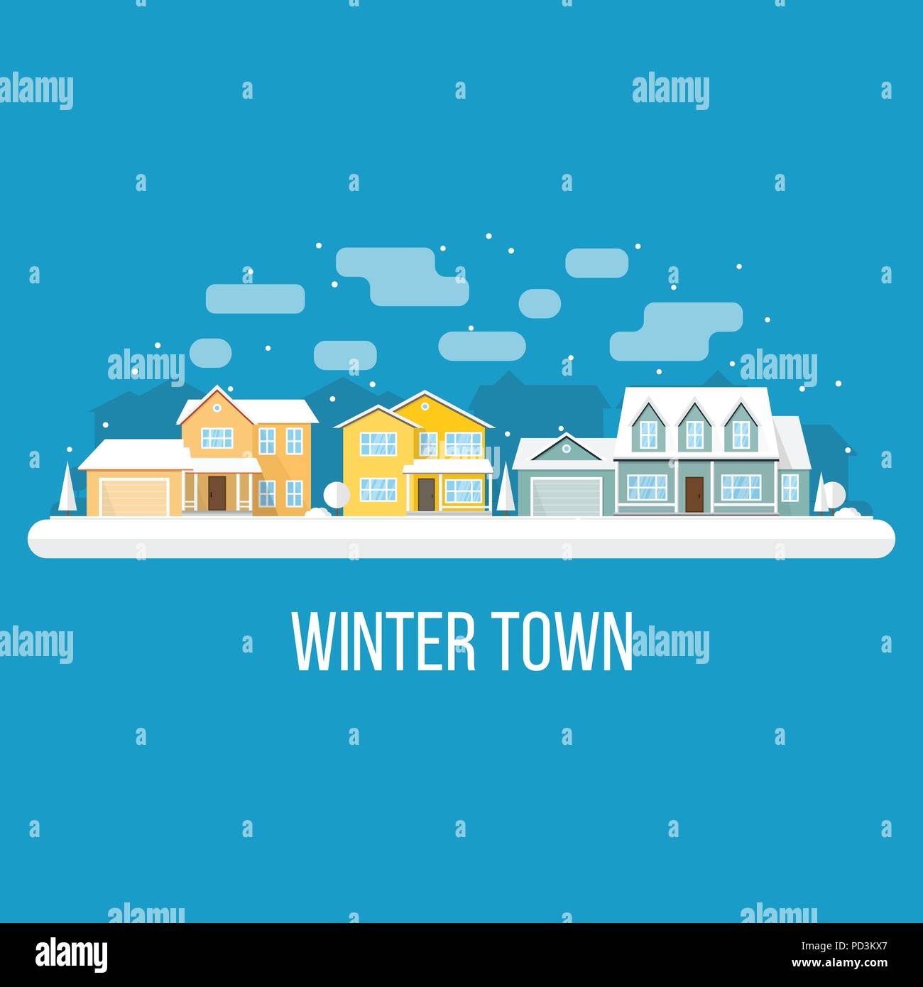 Winter town landscape. Vector illustration. Xmas design for invitations, banners and flyers. Stock Vector