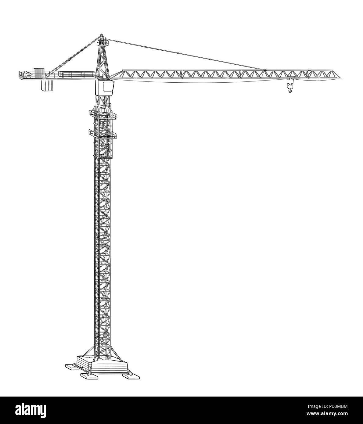 Tower construction crane. Vector line art on white Stock Vector