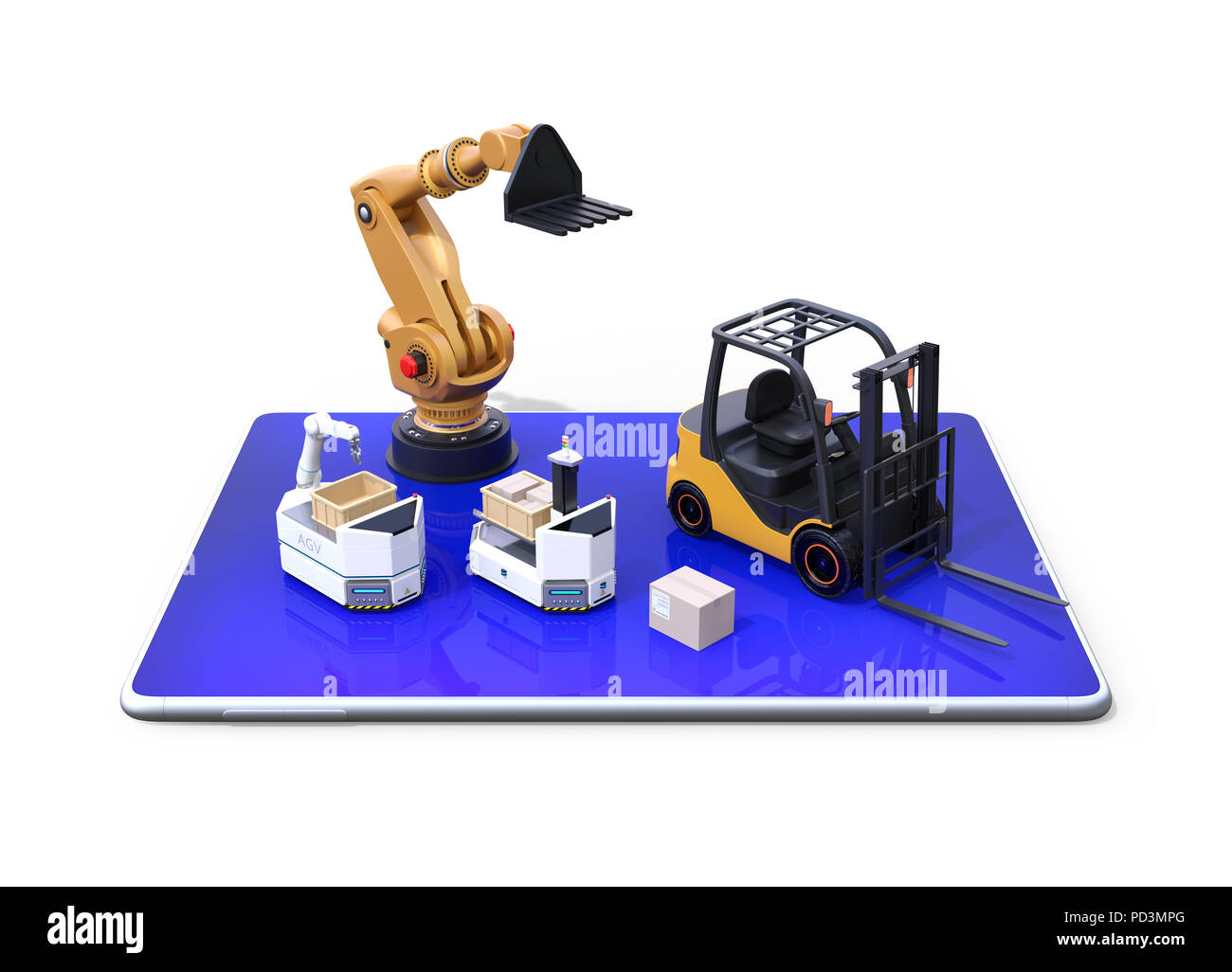 Electric forklift, AGV and industrial robot on tablet PC. White background. Factory automation concept. 3D rendering image. Stock Photo