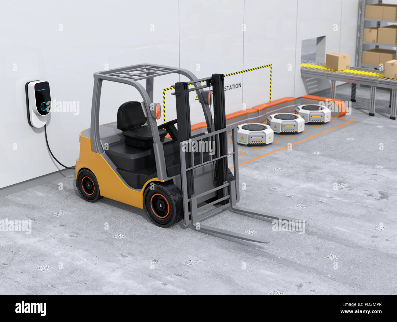 Electric forklift, logistics robots charging in charging station. 3D