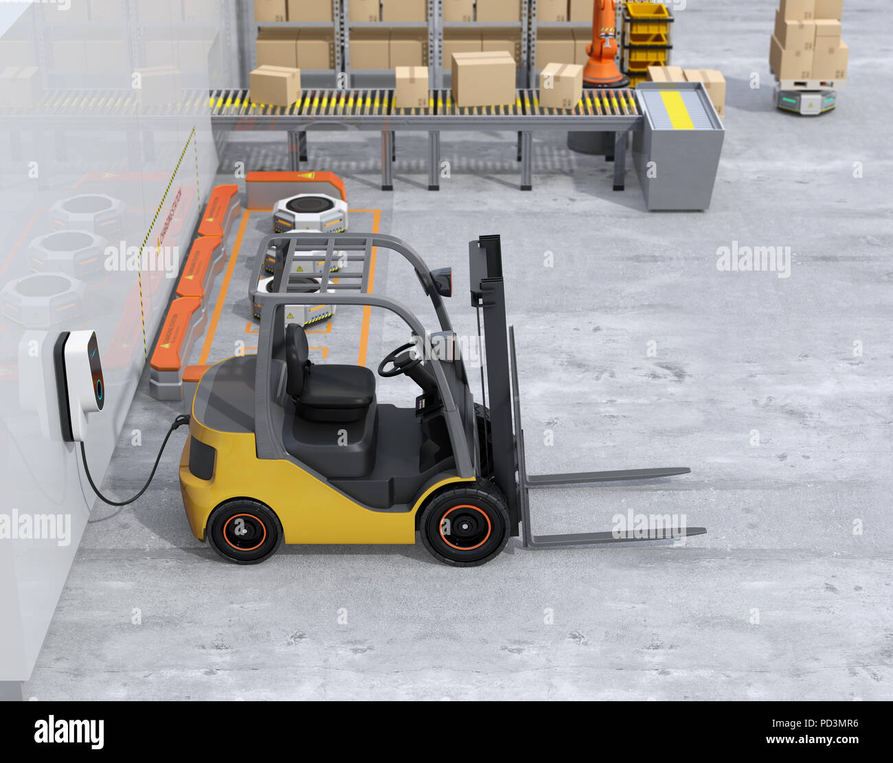 Electric forklift, logistics robots charging in charging station. 3D