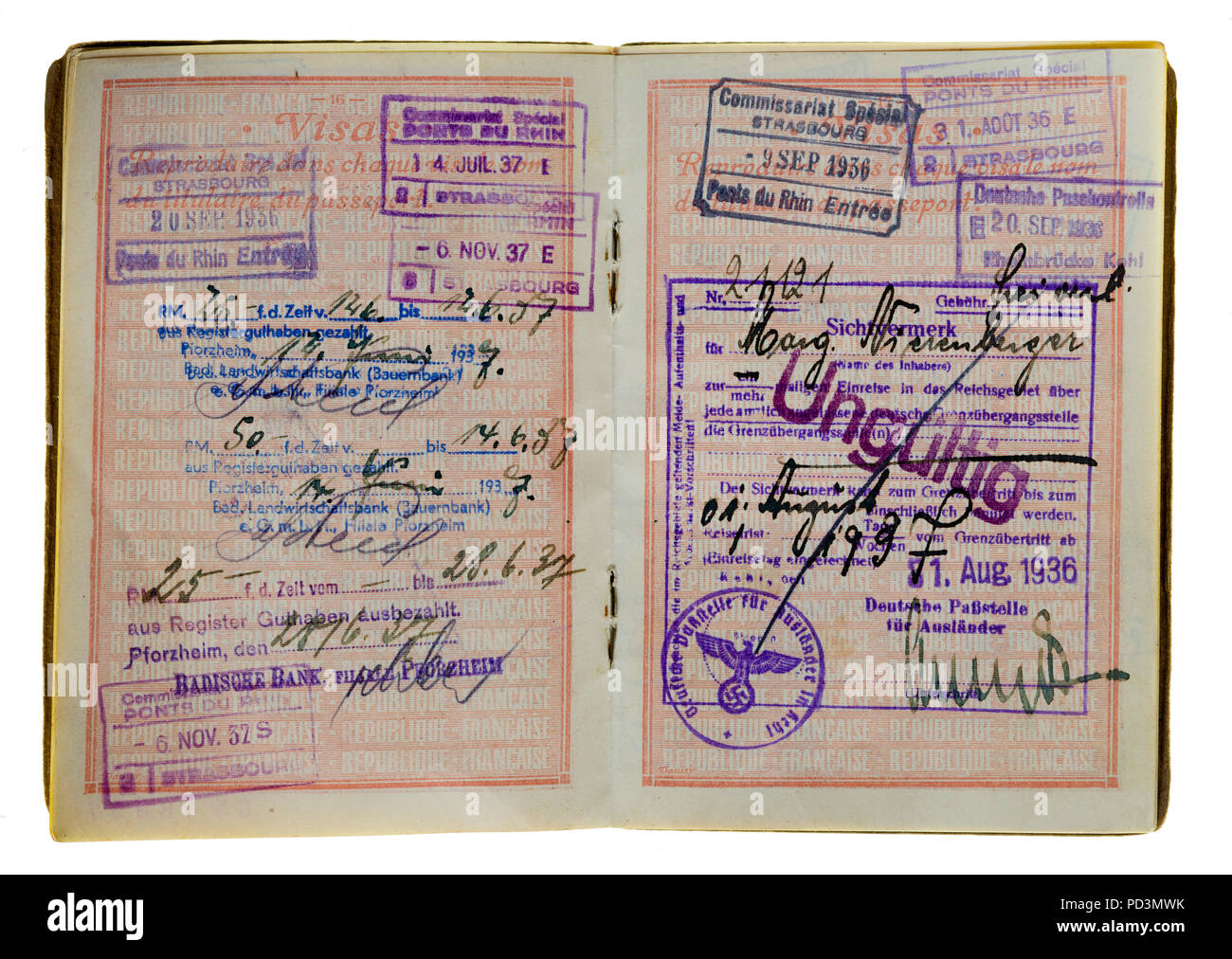 1935's vintage French passport, pages with 1936, 1937 German and