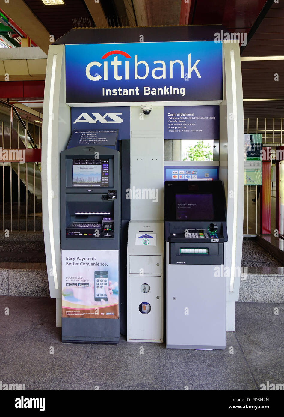 Singapore - Feb 4, 2018. ATM machines of Citibank in Singapore. Singapore referred to as the Lion City, is a sovereign city-state in Southeast Asia. Stock Photo