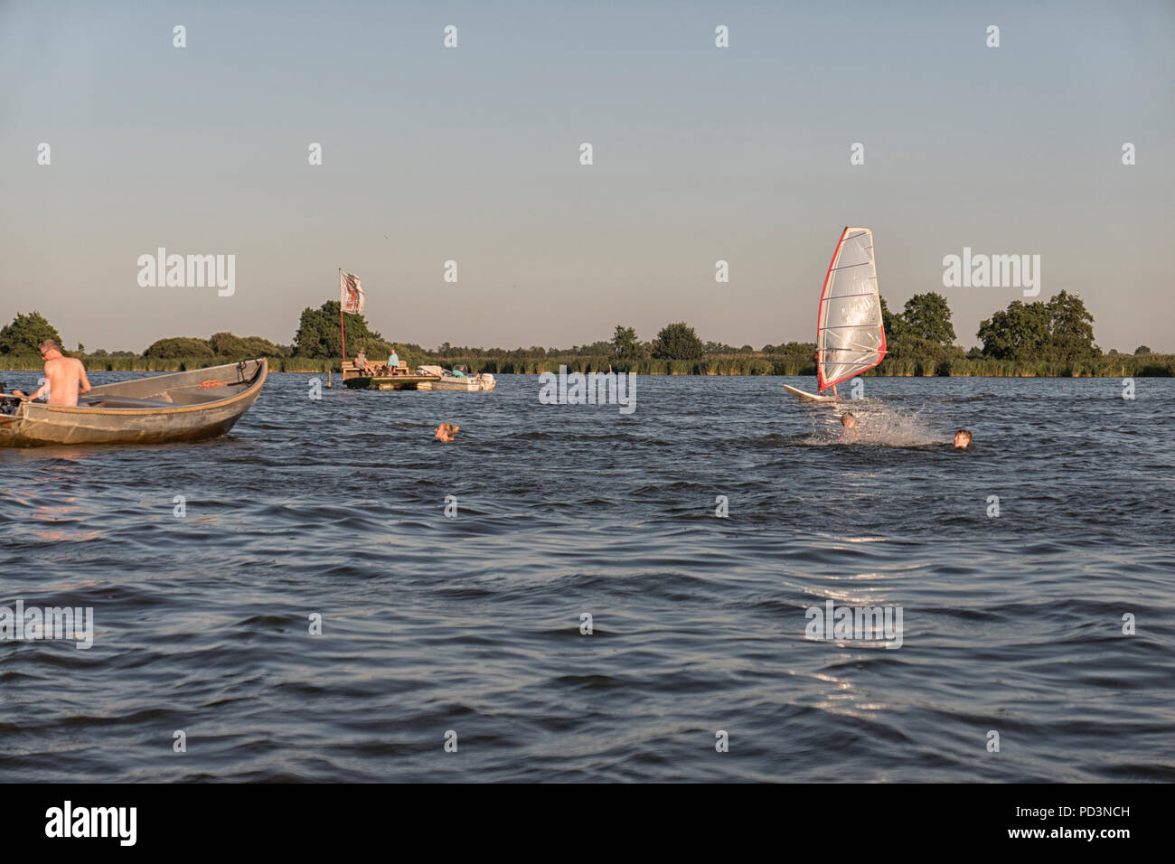 Fun in the water of the Leekstermeer in Groningen, The Netherlands during the heatwave of 2018 Stock Photo