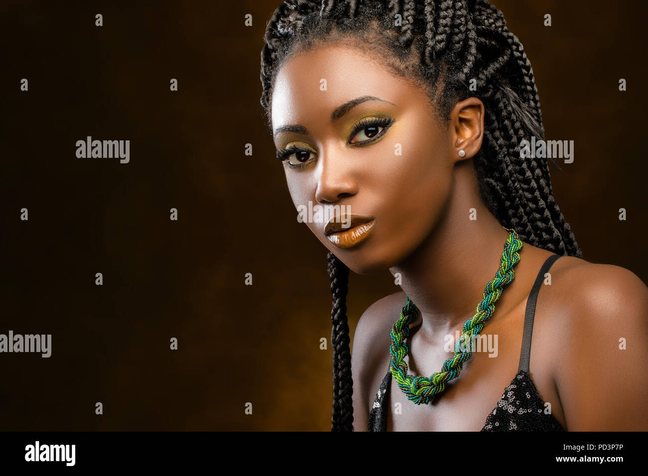 Close up Studio portrait of beautiful young african woman with braids. Low key face shot of elegant girl looking at camera against dark background. Stock Photo