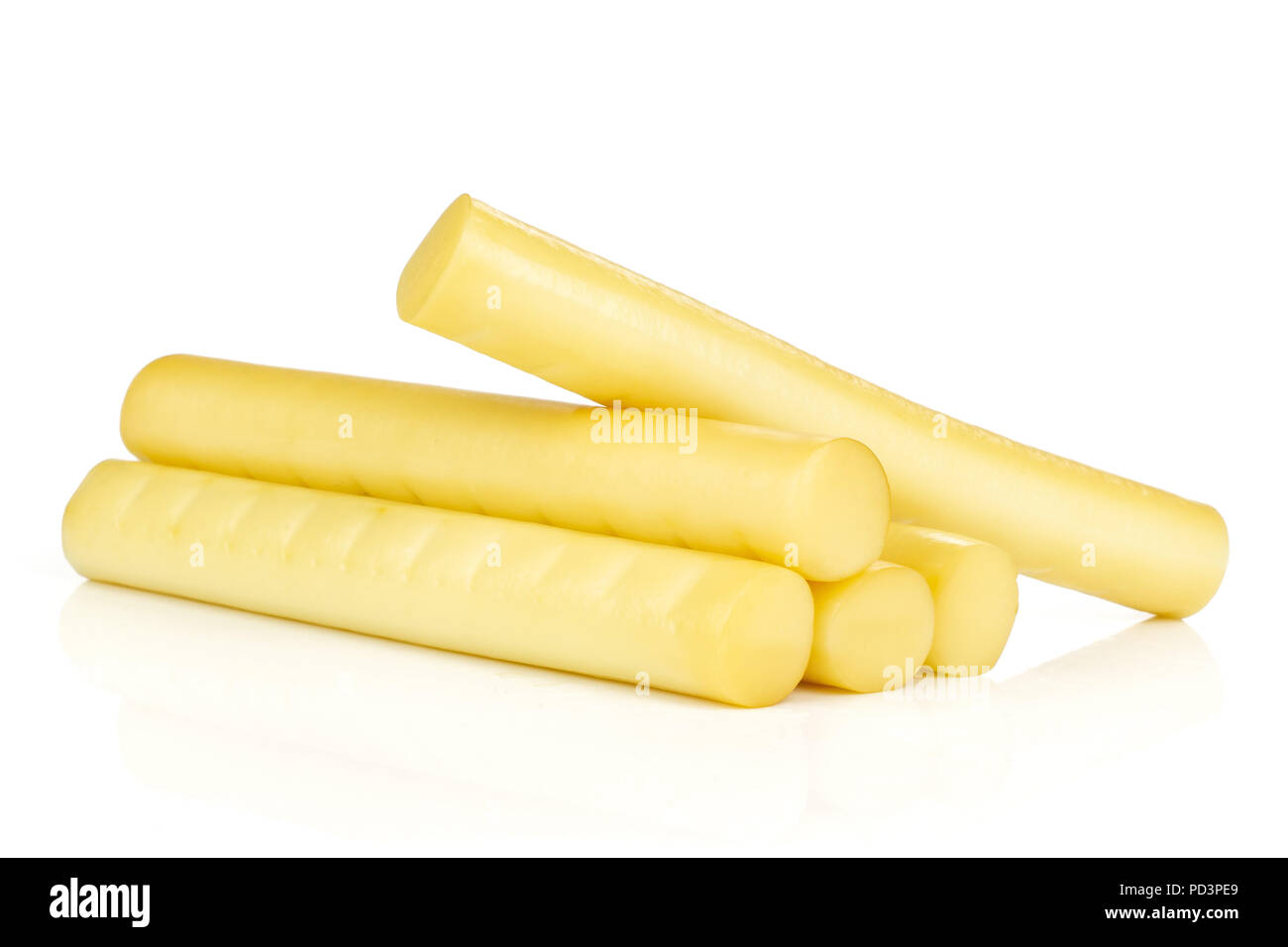 Group of five whole smoked slovak string cheese stick heap isolated on