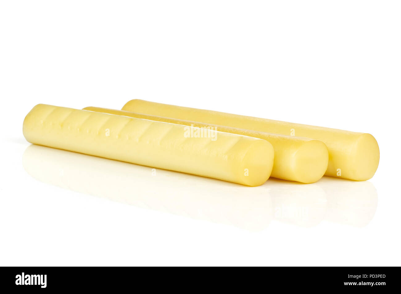 Group of three whole smoked slovak string cheese stick in line isolated