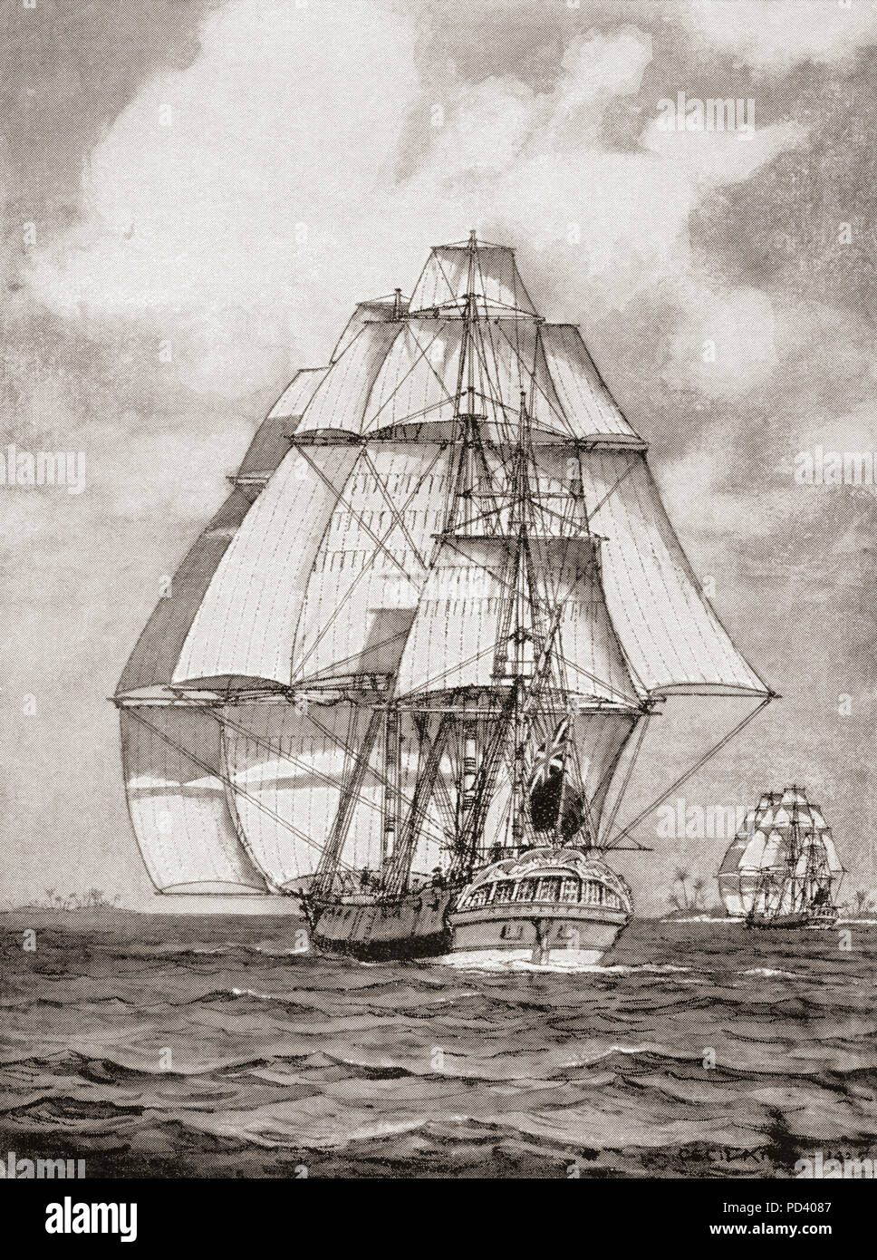 The ships HMS Resolution and HMS Discovery off the coast of Australia during the Third Voyage of Captain James Cook, 1776-1780.  From The Book of Ships, published c.1920. Stock Photo