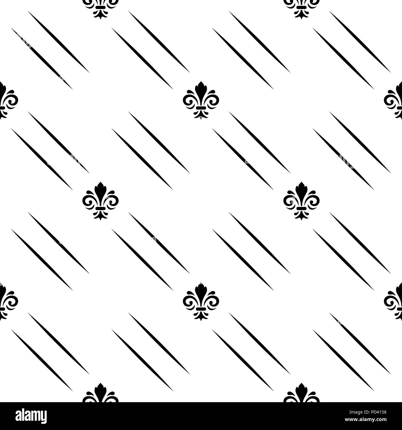 Seamless vector pattern. Modern geometric black and white ornament with diagonal lines and royal lilies Stock Vector