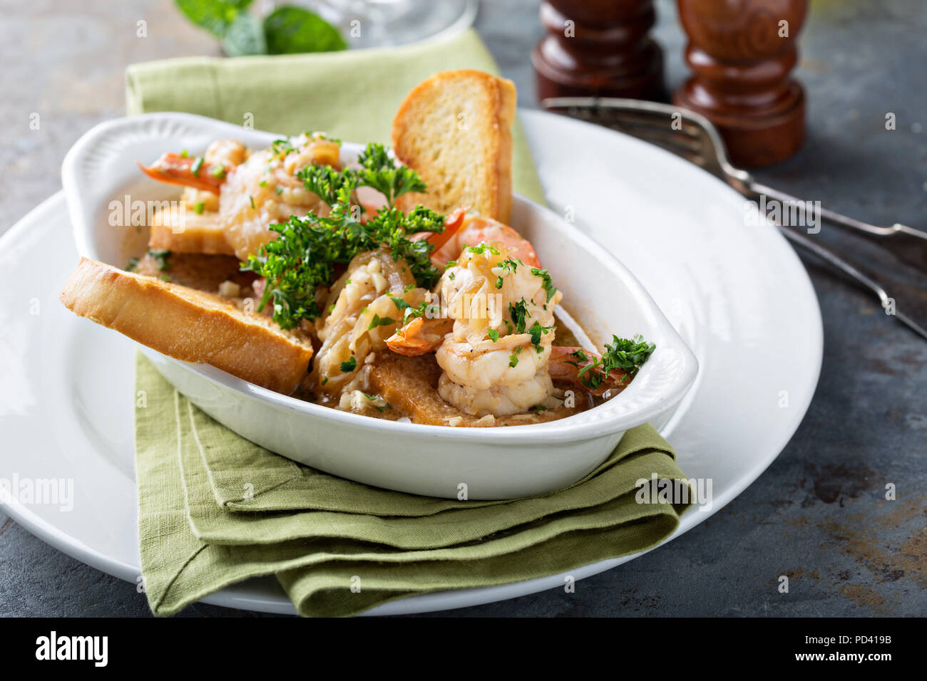 Shrimp and tomato sauce appetizer with toasted bread Stock Photo Alamy