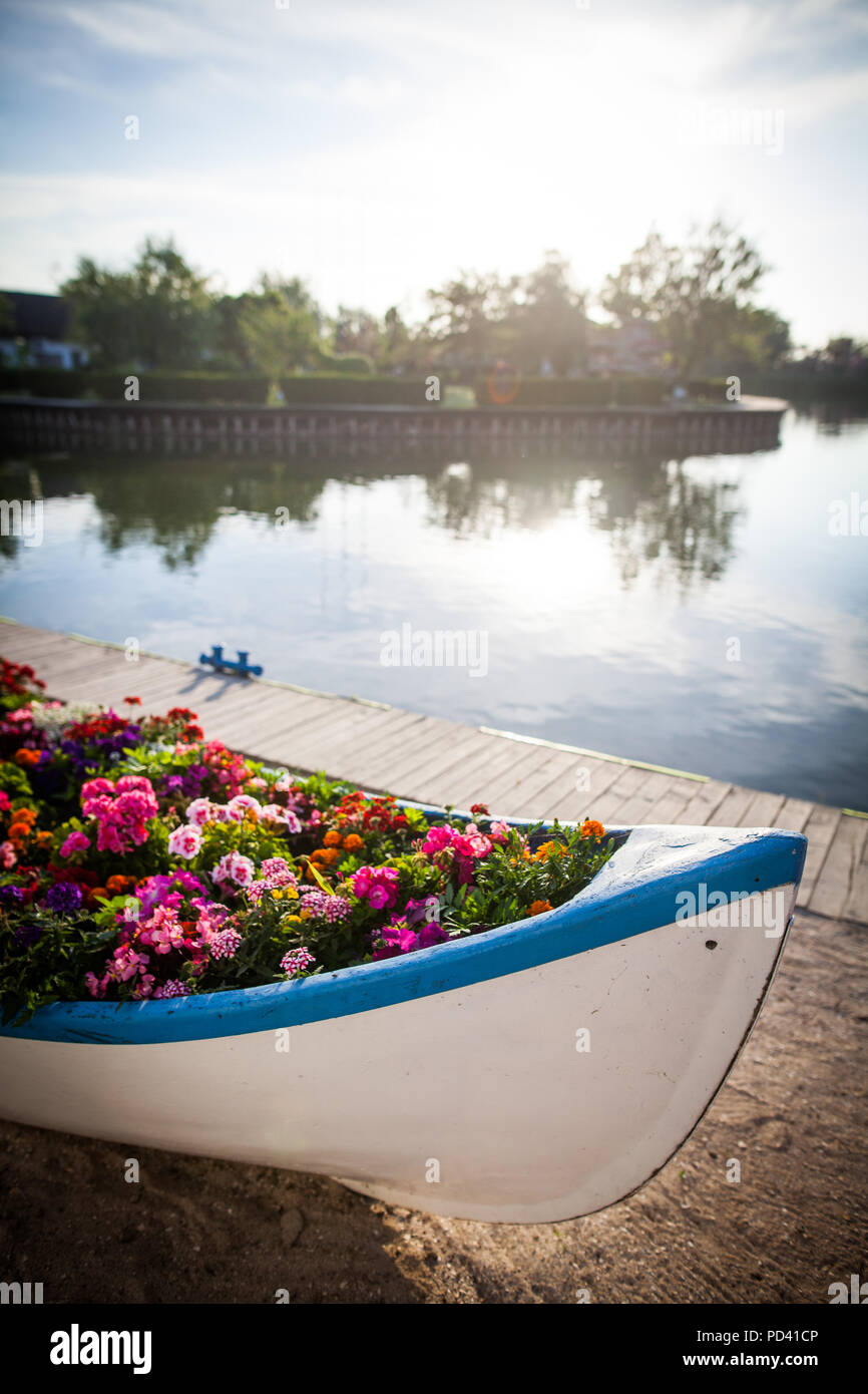 Color image of a wooden boat filled with various flowers Stock Photo ...