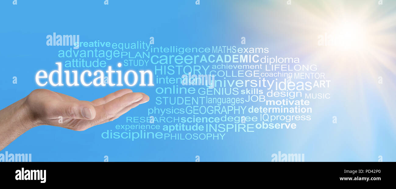 Male open hand with the word EDUCATION floating above surrounded by relevant words on a blue sky and sun burst background - the sky is the limit Stock Photo