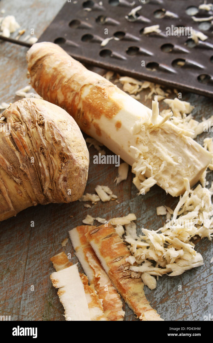 grating fresh horseradish root Stock Photo Alamy