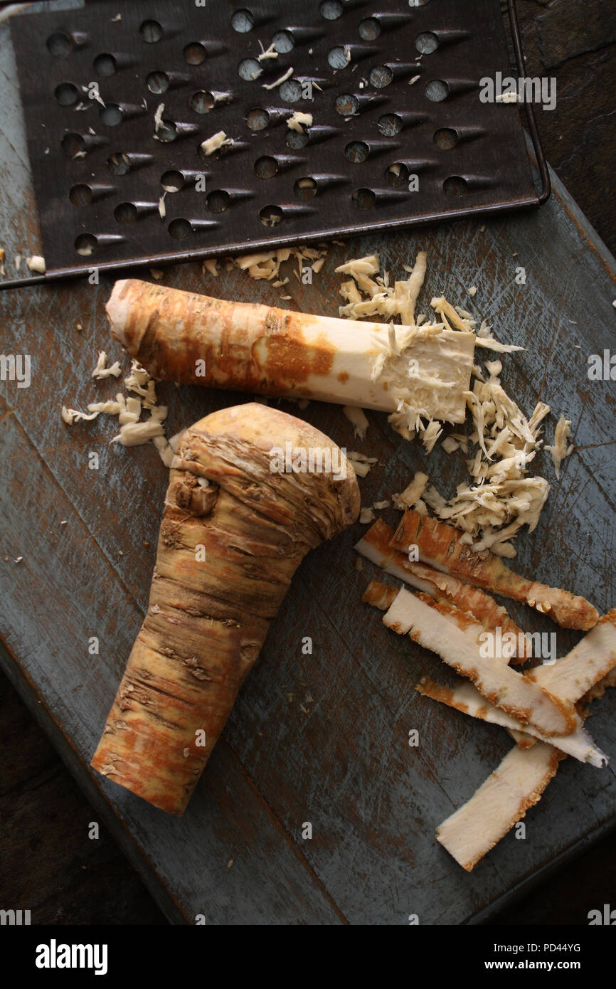 grating fresh horseradish root Stock Photo Alamy