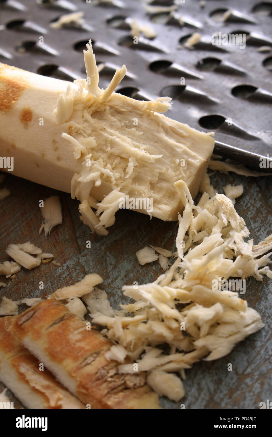 grating fresh horseradish root Stock Photo Alamy