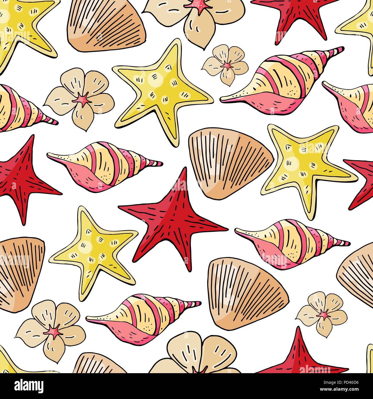 Seamless pattern with hand drawn seashells and starfish on white ...