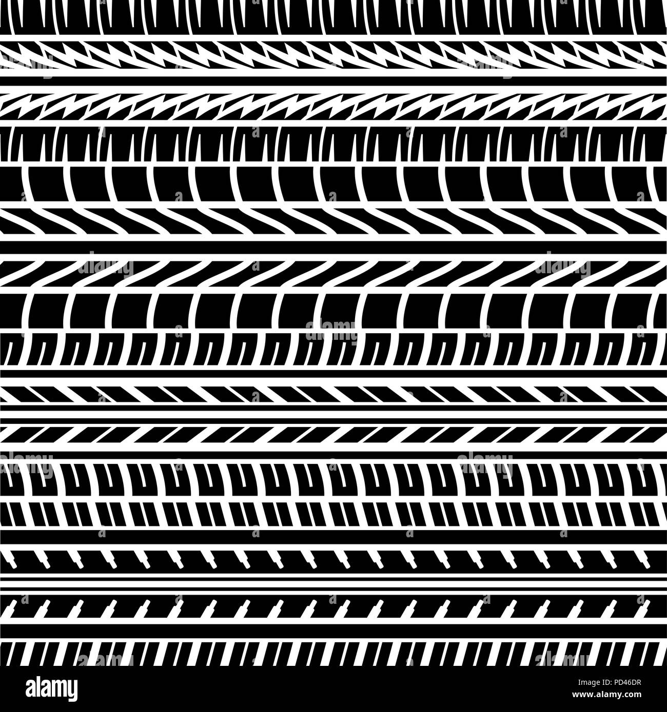 Seamless black tire track background with different elements Stock Vector