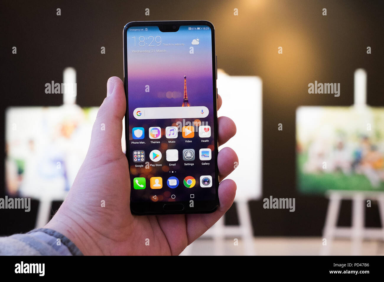 WARSAW, MARCH 2018 - Newly launched Huawei P20 Pro smarpthone is displayed for editorial purposes Stock Photo