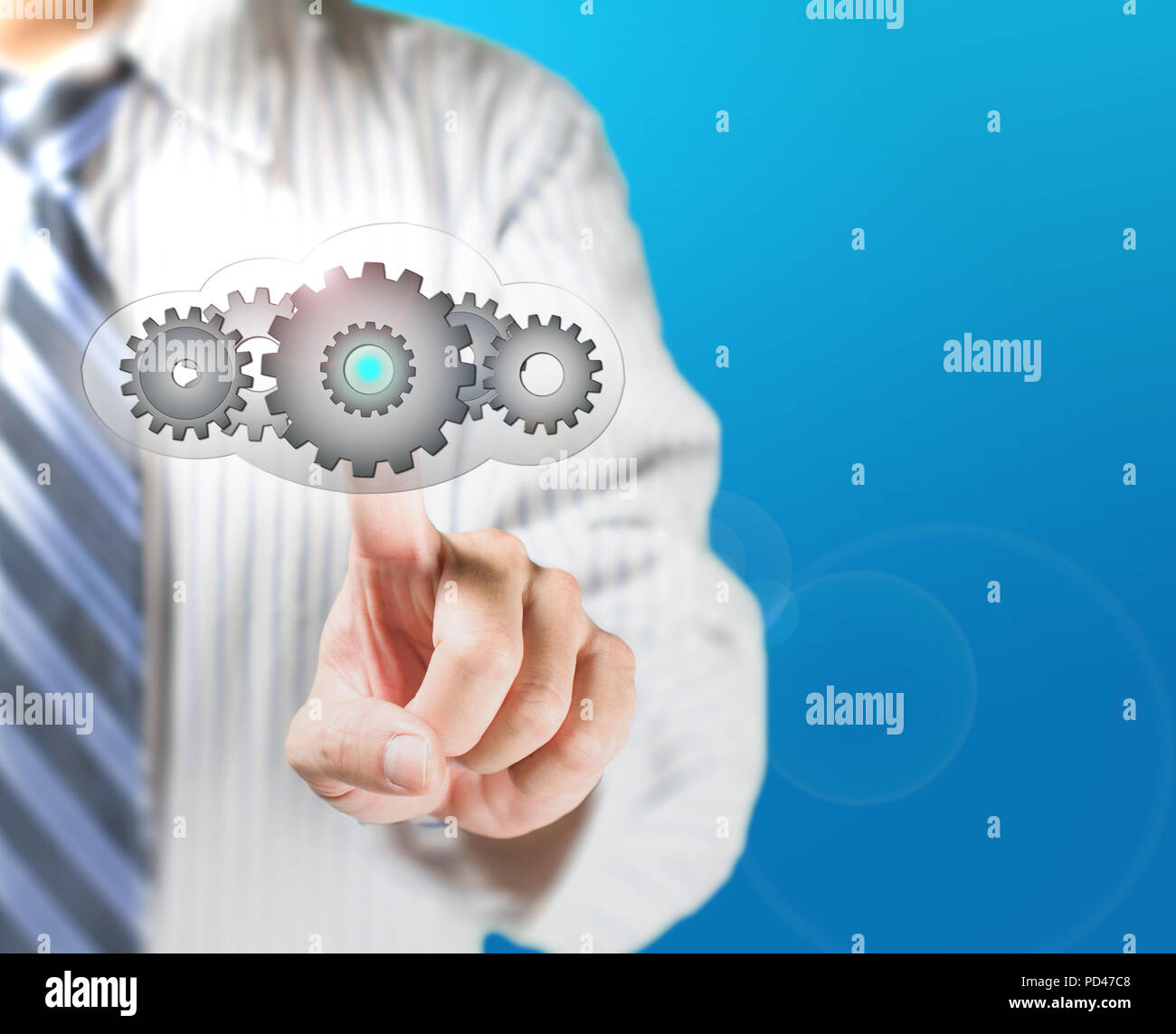 Cloud computing service concept, business man touch cloud with gears inside for launching Stock Photo