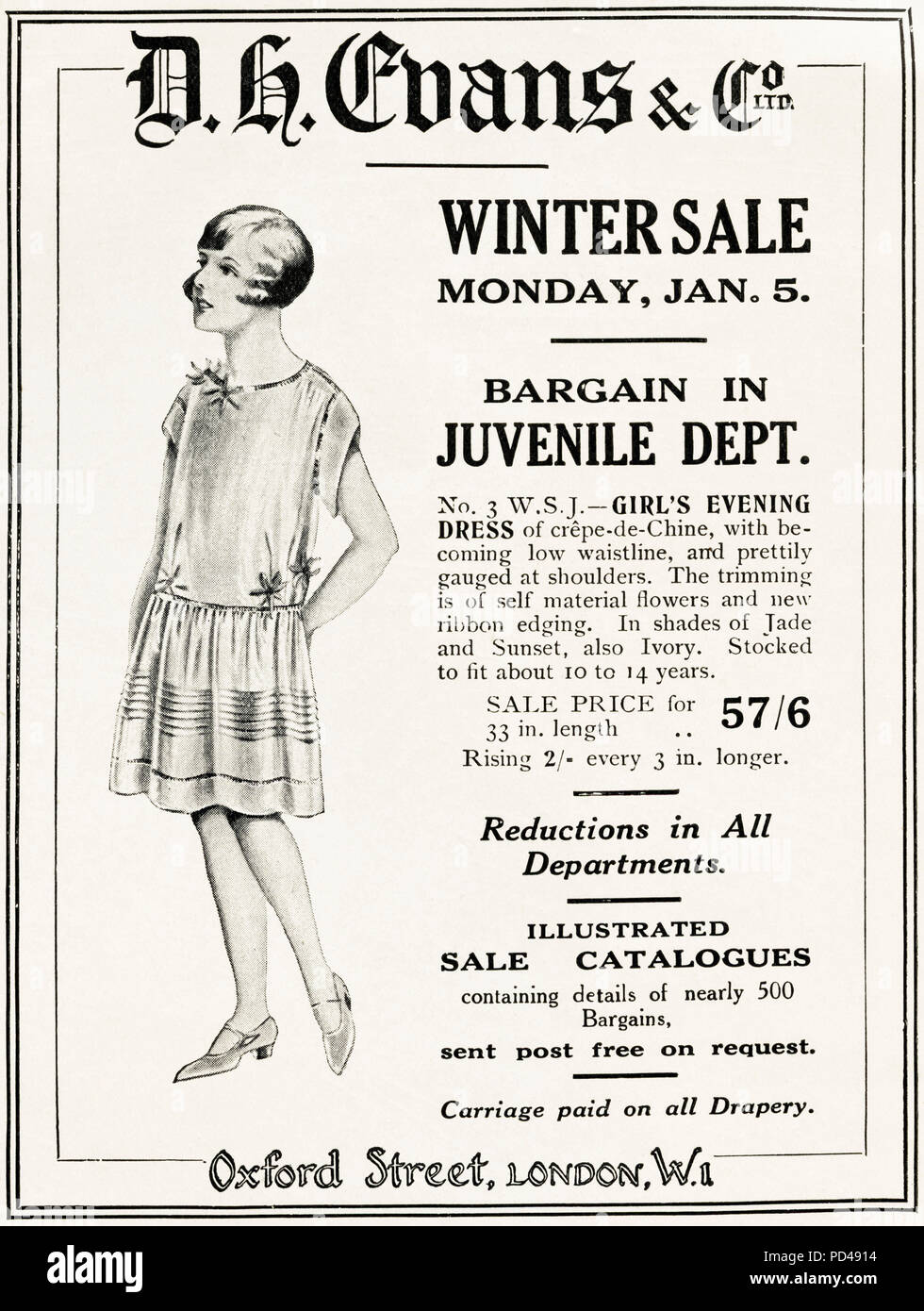 1920s old vintage original advert advertising DH Evans winter sale of childrens clothing in English magazine circa 1924 Stock Photo