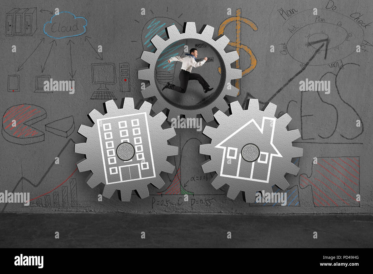 Man running in concrete gear with home and office doodles Stock Photo