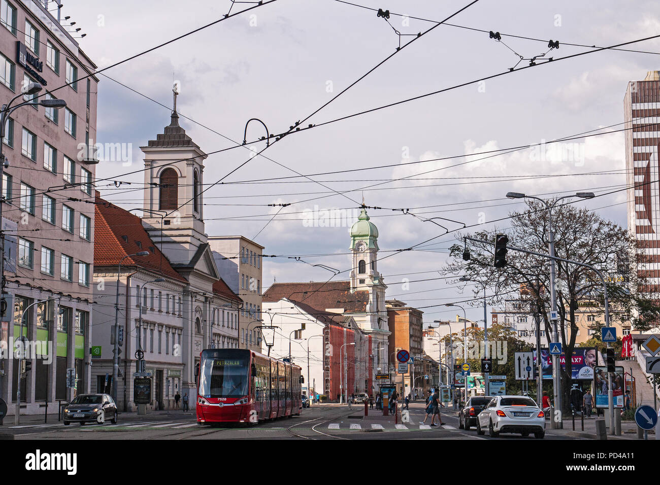 Air trains criss crossing overhead in Bratislava making  urban spaces look old fashioned. Stock Photo