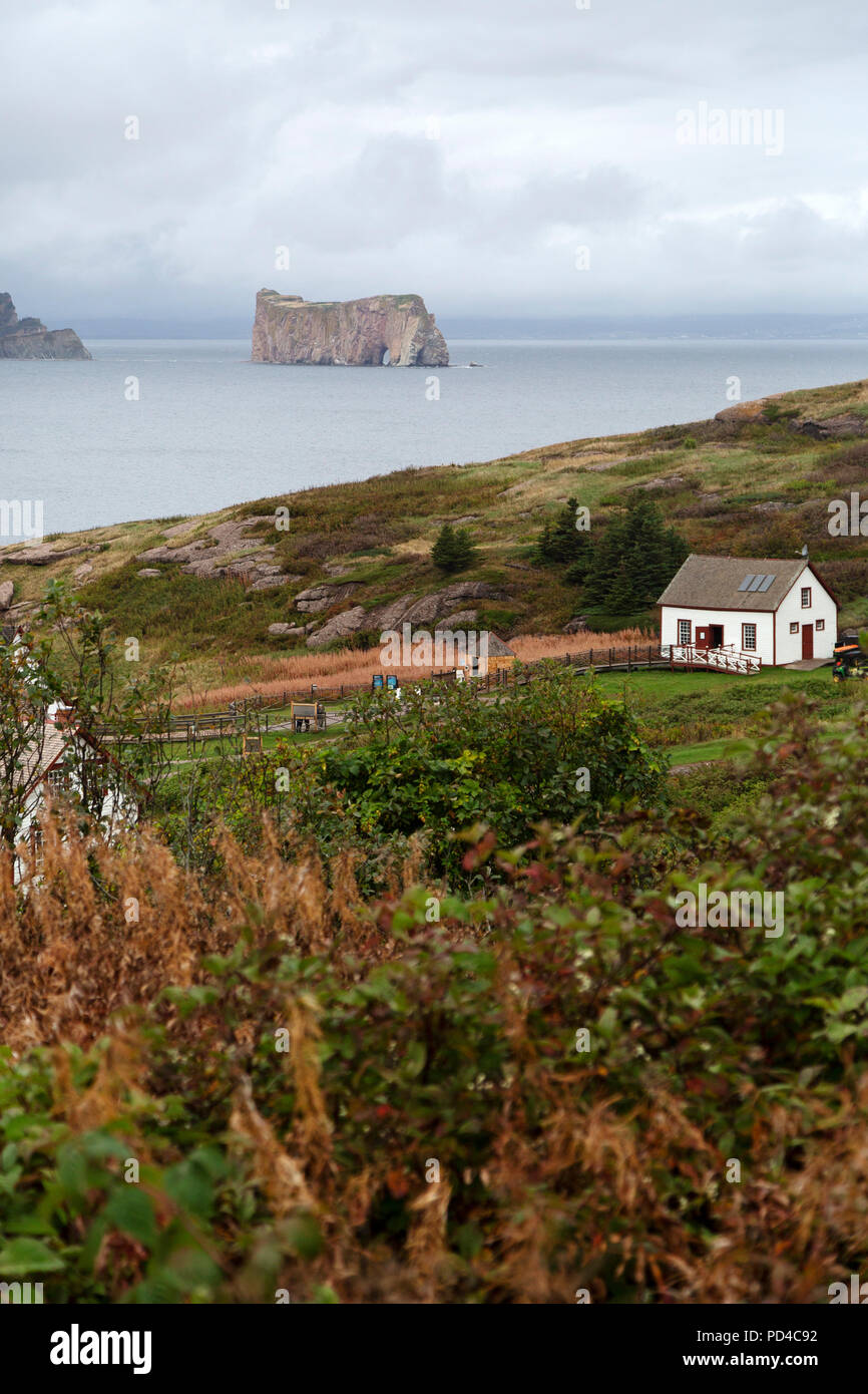 Cafe on Bonaventure Island, Canada. Perce Rock can be seen in the background, in the Gulf of St Lawrence. Stock Photo