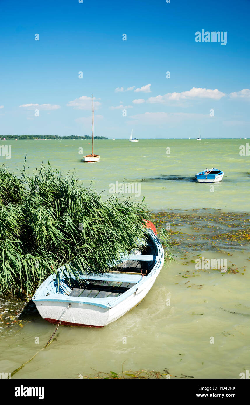Angler boats at Lake Balaton, Hungary Stock Photo